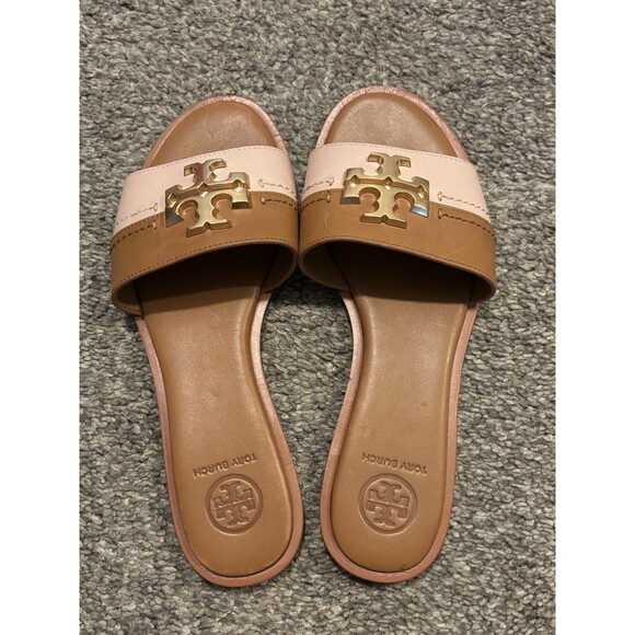 Tory Burch Everly Calf Leather Slide Size 6 Tan Pink Logo Sandals - Picture 4 of 7